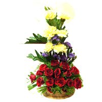 Rakhi with Red Rose Yellow Carnation Basket 30 Flowers to India