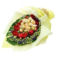 Deliver Rakhi Gift hamper to India 12 Red Roses with 10 Ferrero Rocher Bouquet with Rakhi