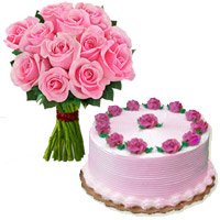 Send Online Strawberry Cake and Rakhi with 12 Pink Roses Bouquet to India