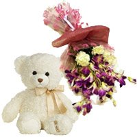 Order Rakhi and Purple Orchids, Yellow Carnations Bunch and Teddy in India