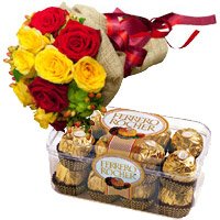 Order Online Rakhi with 12 Red Yellow Roses Bunch 16 Pcs Ferrero Rocher Gift hamper in India