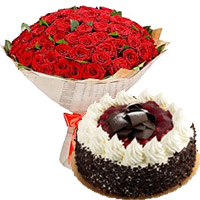 Order Red Roses with Black Forest Cake in India with Rakhi