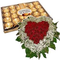 Send Rakhi with Red Roses White Daisies Heart, Chocolate Gift hamper to India