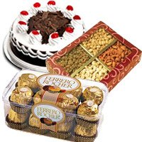 Send Rakhi with Black Forest Cake and 1/2 Kg Dry Fruits and Ferrero Rocher Chocolates Gift hamper India