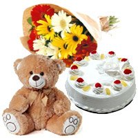 Gift hamper for Rakhi 12 Gerbera Bouquet, 1 Kg Pineapple Cake and 1 Teddy Bear
