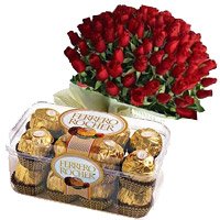 Online Rakhi Gift hamper Ferrero Rocher with Red Roses Bunch to India