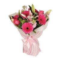 Pink Gerbera Lily Roses Bouquet Flowers with Rakhi to India