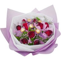 Online Rakhi Gift hamper Red Roses 5 Ferrero Rocher Bouquet delivery in India