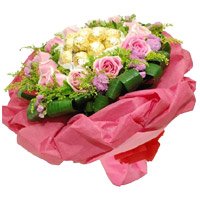 Rakhi Gifts for Brother 24 Pink Roses 24 Pcs Bouquet of Ferrero Rocher Chocolate with Rakhi